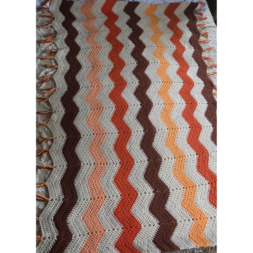 Vintage Handmade Zig Zag Chevron Patten Throw Blanket Orange White Brown 66x40